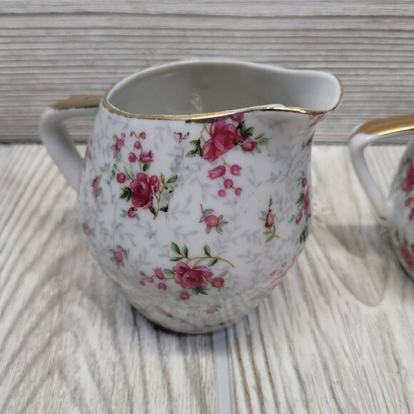 Pink Roses Sugar And Creamer Gold Trim Tea Cottage Core Vintage Boho Chic READ - Picture 4 of 16